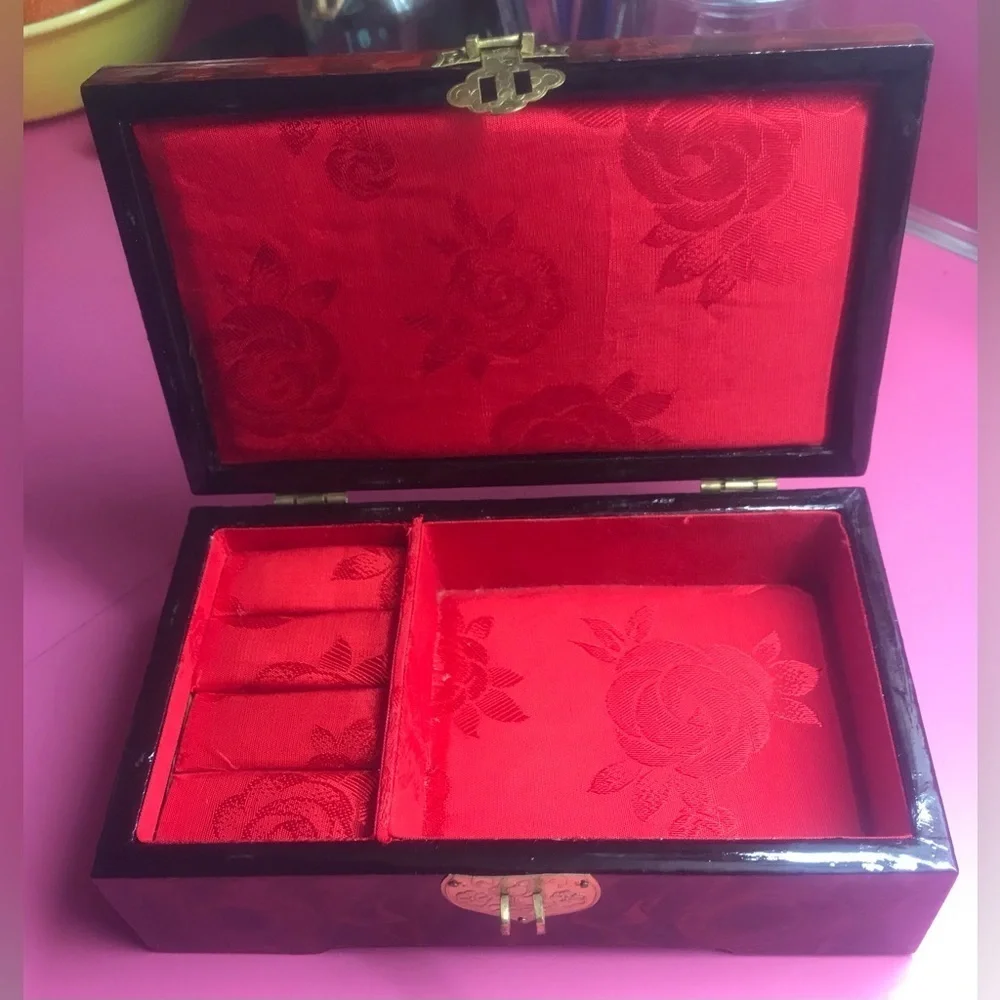 Brown Lacquer with Gold Latch and Mother of Pearl Shadow Box Top Red Inside